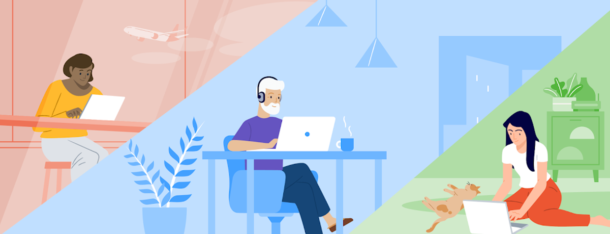 A vector illustration about remote work with 3 different people